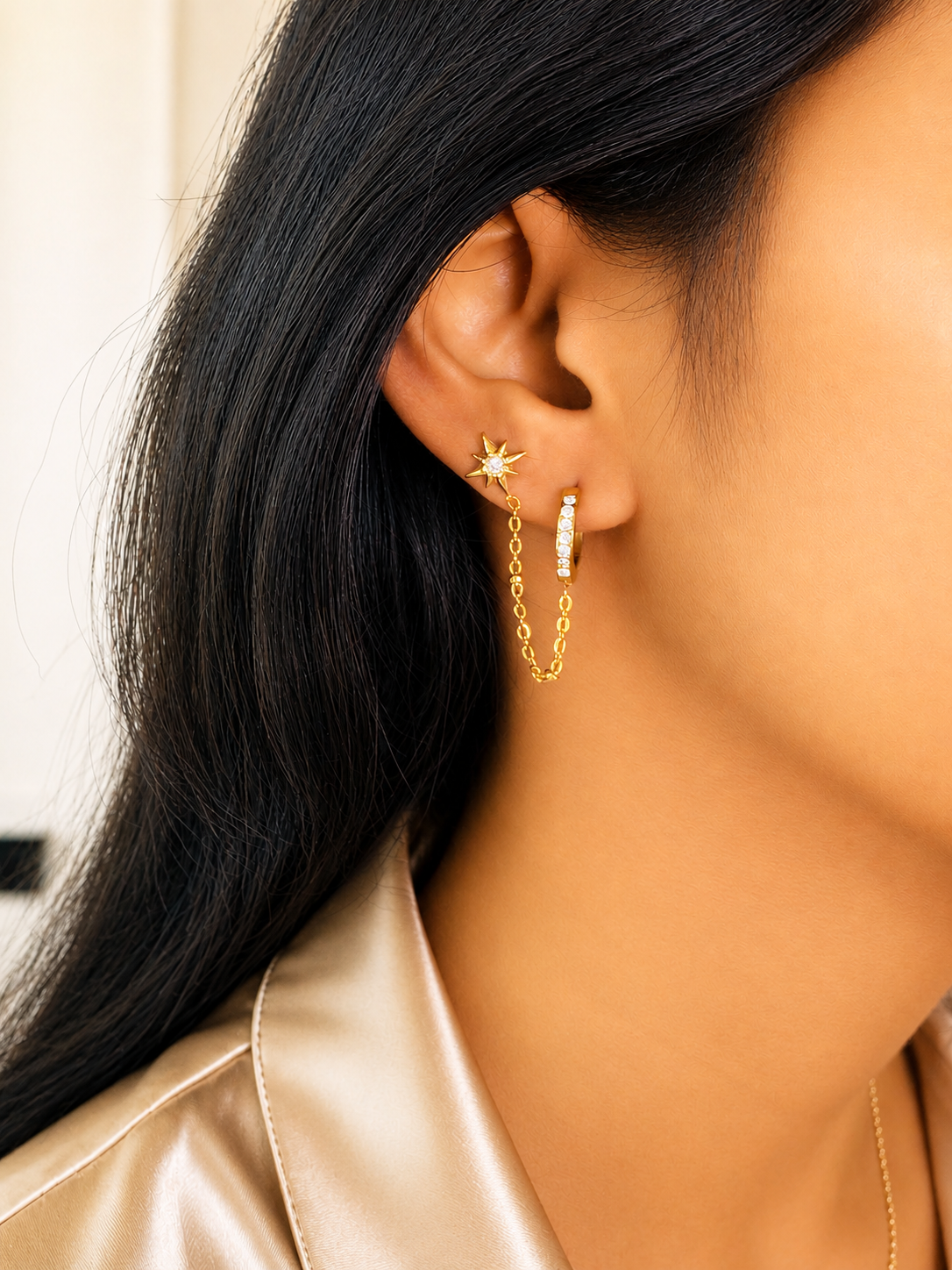 Star-to-Hoop Chain Earrings