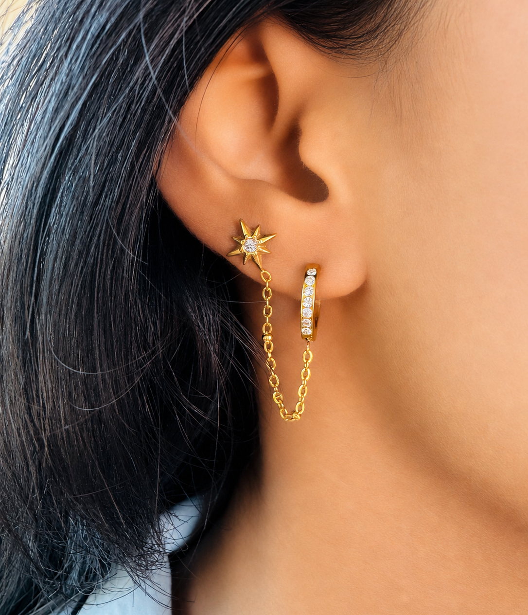 Star-to-Hoop Chain Earrings